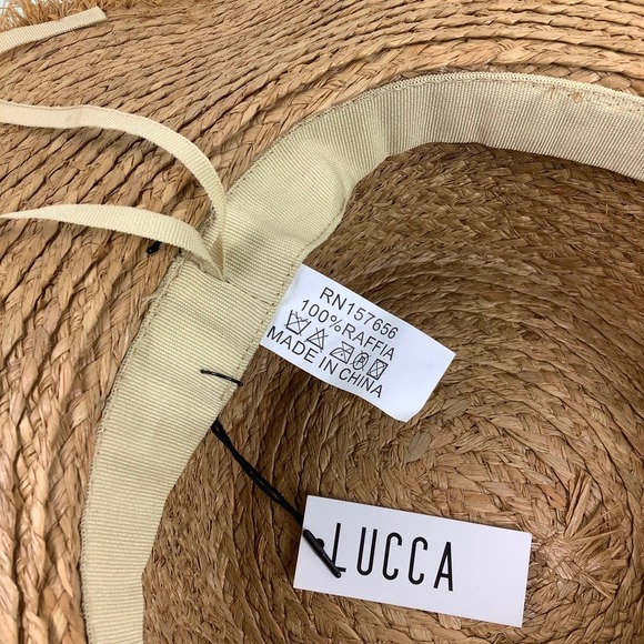 Lucca Raffia Natural Wide Rim Hat with Black band Adjustable Size NEW - Picture 10 of 11